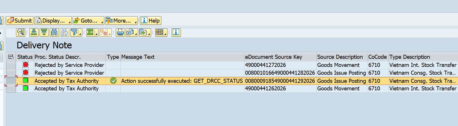 SAP delivery Note display